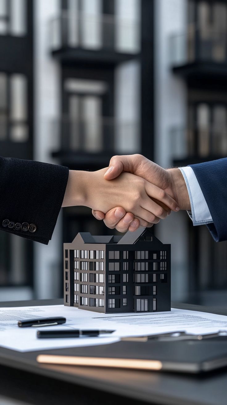 Handshake over a model building and signed deal documents